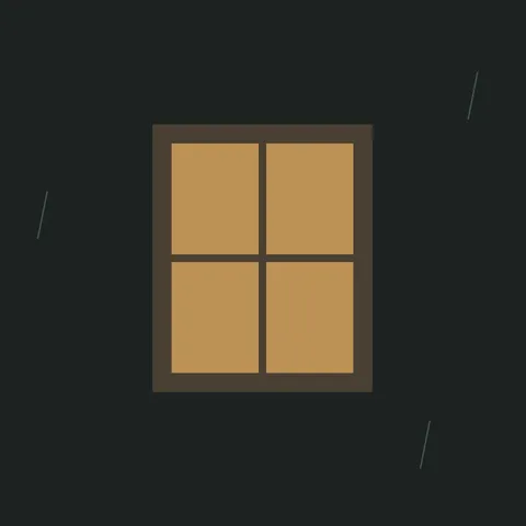 A warm amber window glowing in a dark wall, with faint streaks of rain around it.