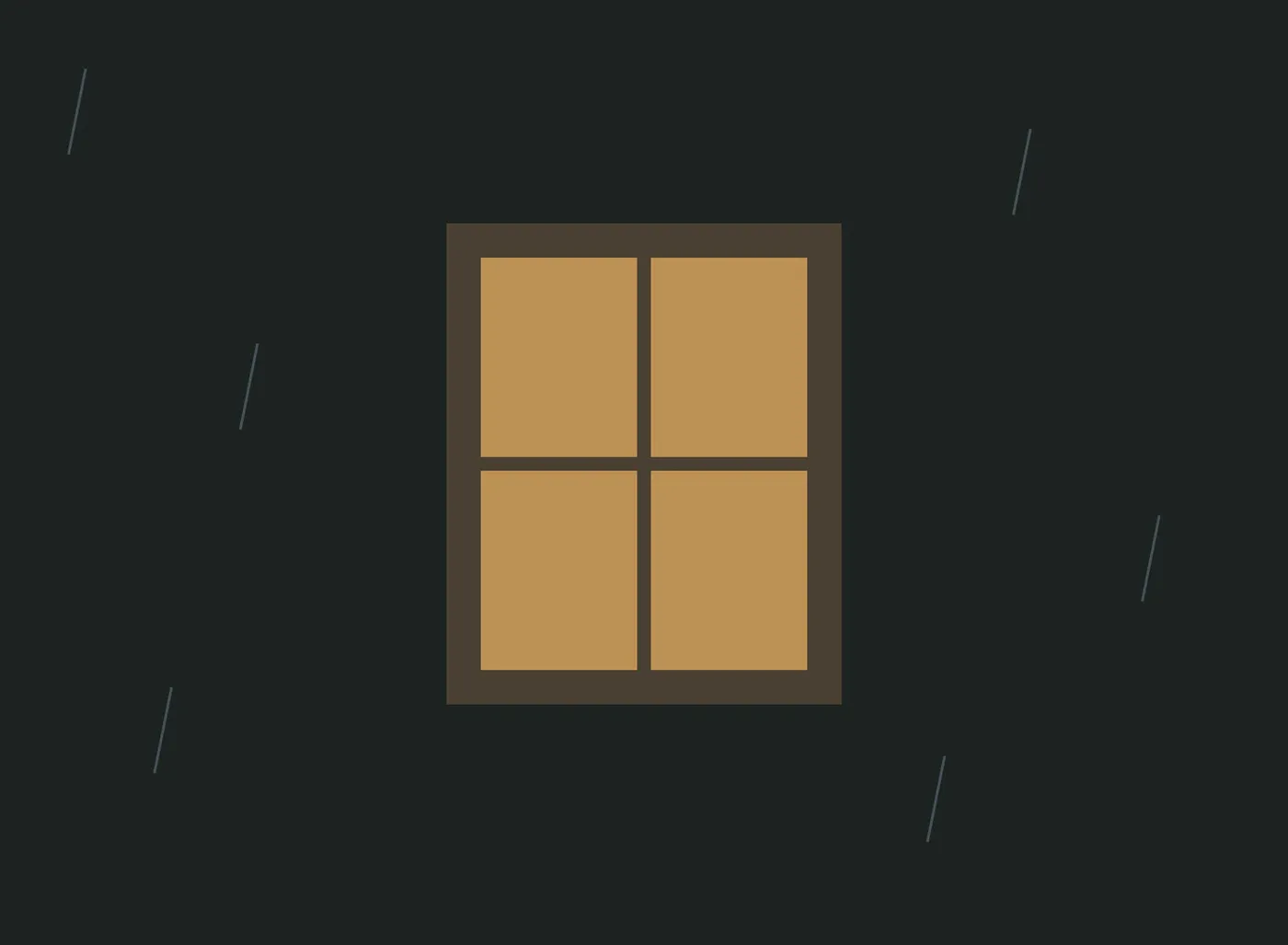 A warm amber window glowing in a dark wall, with faint streaks of rain around it.
