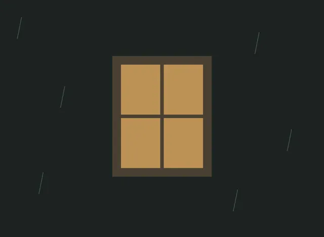 A warm amber window glowing in a dark wall, with faint streaks of rain around it.