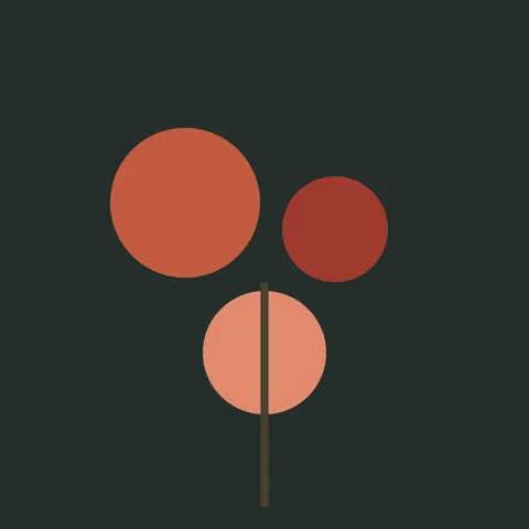 Abstract study of red and orange circles like autumn maple leaves on a dark green ground.