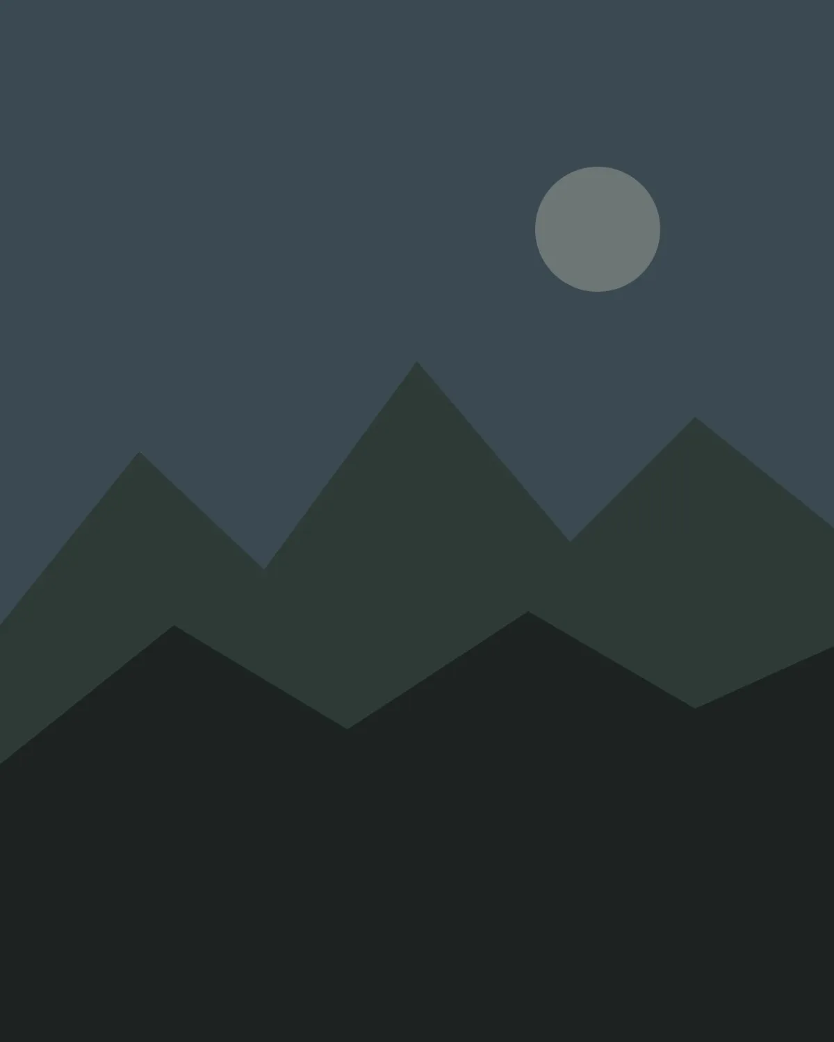 Layered dark green ridgelines under a rain-gray sky with a pale, hidden moon.