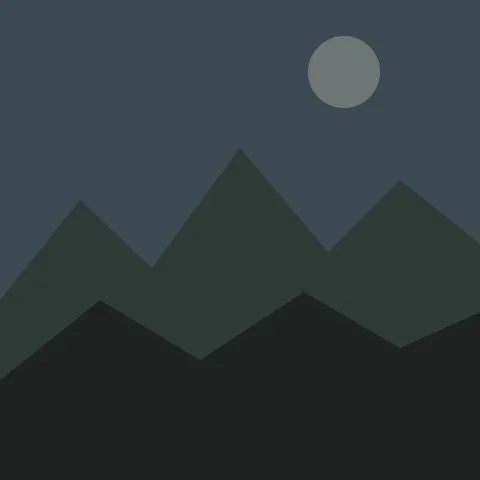 Layered dark green ridgelines under a rain-gray sky with a pale, hidden moon.